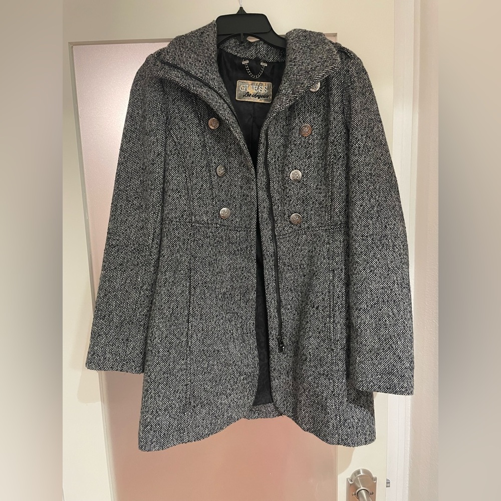 Guess Los Angeles Wool Blend Double Breast Trench Coat Black/White